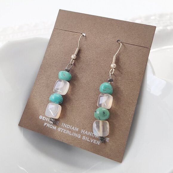 Native American Turquoise Agate Beaded Earrings Dangle Sterling Silver Stone 2" - Picture 4 of 9